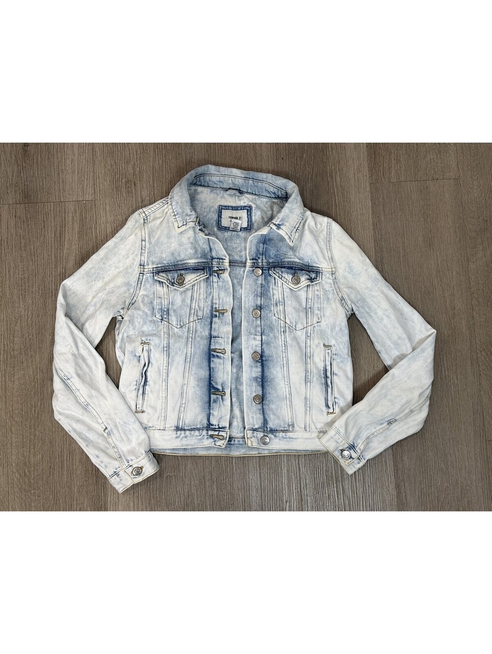 Women's S Acid Wash Denim Trucker Jacket Light Blue Bleach Wash Y2K